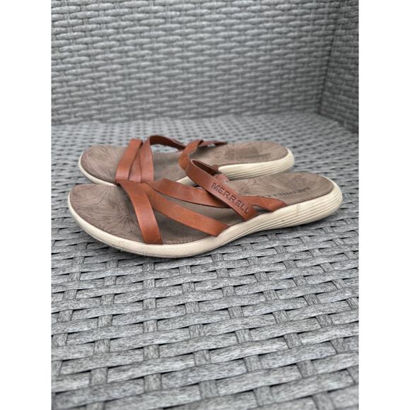Merrell Duskair‎ Seaway Sandals Slide Open Toe Leather Oak Brown Womens Size 6 - Picture 2 of 9